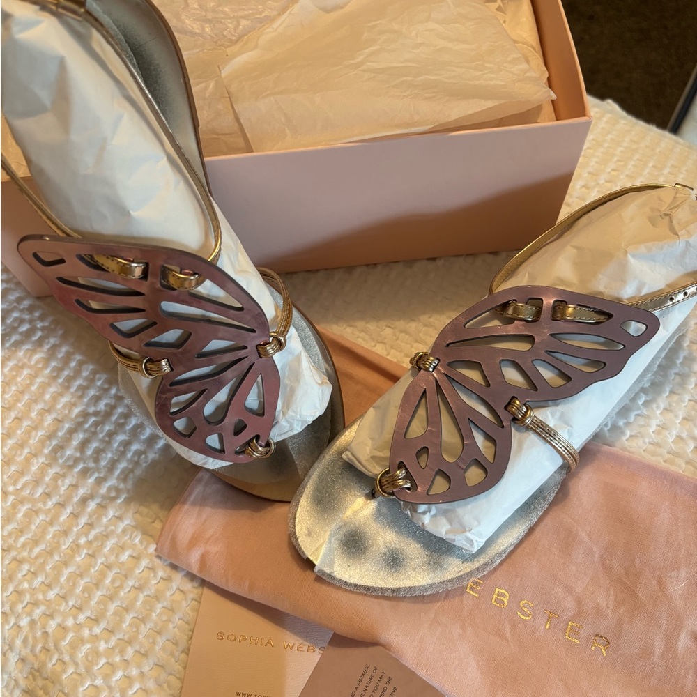 Sophia Webster Metallic Silver Sandals with Pink Butterfly Accent